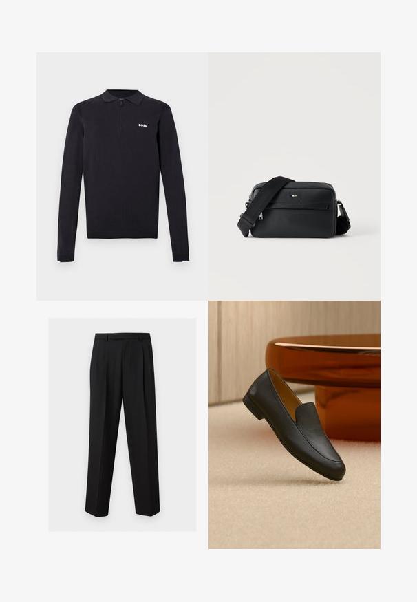 Polo manches longues noir en tissu tricoté. Doté d'un col à fermeture éclair moitié, coupe ajustée et d'un petit logo blanc sur la poitrine.; Pantalon noir sur mesure avec jambes droites, plis à la taille, passants de ceinture et poches latérales fendues, présenté sur un fond uni.; Mocassin en cuir noir reposant sur un tapis beige avec une table circulaire marron brillante en arrière-plan.; Sac bandoulière en cuir noir texturé avec poche avant zippée et bandoulière large en tissu réglable sur fond blanc.