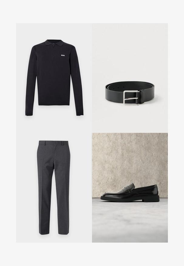 Sort langærmet polo lavet af strikket stof. Har en halvlynede krave, slim fit og en lille hvid logo på brystet.; Grå skræddersyede bukser med en tekstureret finish, flad front og lige ben design. Har sidelommer og bælteløkker.; Sort poleret læderloafer flydende over beige tæppe med orange gennemsigtigt møbel i baggrunden.; Sort læderbælte med en glat overflade, der har en rektangulær sølvmetalspænde og flere justeringshuller.