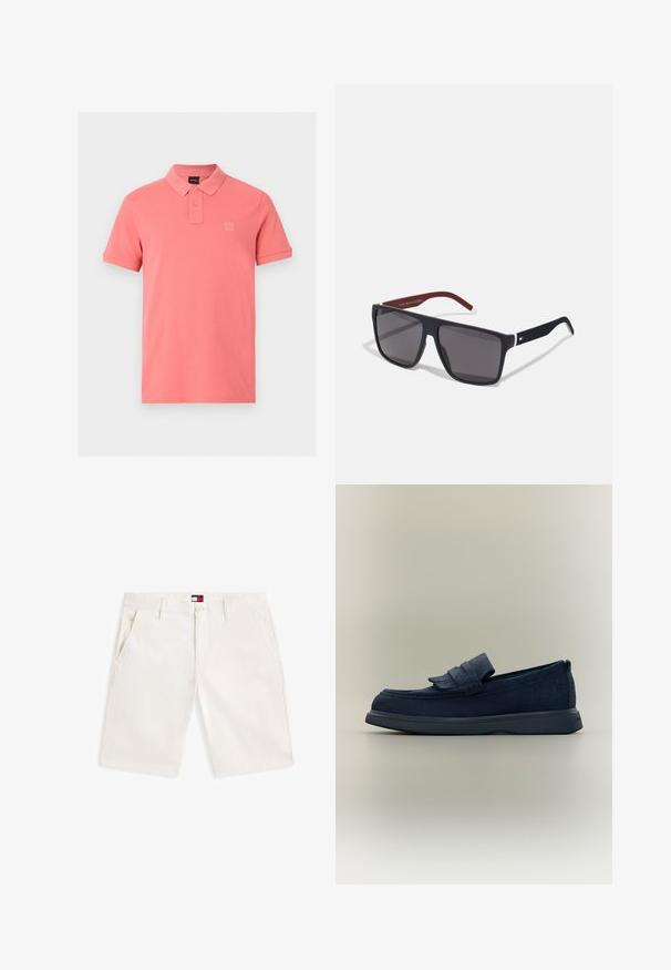 Polo corail à manches courtes avec patte à deux boutons et petit écusson logo embossé sur la poitrine gauche.; Shorts pour hommes couleur blanc cassé, longueur genou, avec poches avant, passants pour ceinture et petit logo Tommy Hilfiger au-dessus de la fermeture éclair.; Mocassin en daim bleu marine avec bride à franges et semelle en caoutchouc, présenté de profil sur un fond neutre.; Tommy Hilfiger Lunettes de soleil - matte blue
