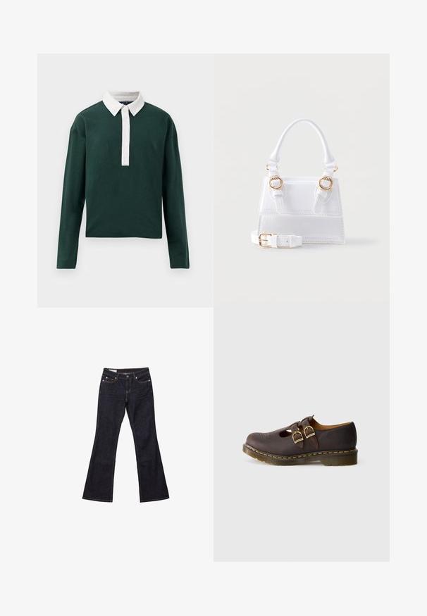 Grøn langærmet polo-shirt med en hvid krave og knaplukning, lavet af glat bomuldsstof med en afslappet pasform.; Mørkeblå bootcut denimjeans med frontlommer, knaplukning og synlige syninger.; Mørkebrun lædersko med dobbelte spænder, perforeret tådesign og tyk, gennemsigtig sål med gul syning.; Hvid struktureret håndtaske med tophåndtag, to spænder i guldfarve på forsiden og en aftagelig justerbar skulderrem.
