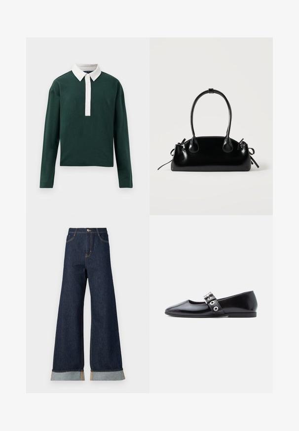 Grøn langærmet polo-shirt med en hvid krave og knaplukning, lavet af glat bomuldsstof med en afslappet pasform.; Bredde ben mørk denim jeans med orange syninger, med høj talje, to forlommer og opbrettede manchetter, der viser et lysblåt kontraststof.; Sort laklæder flad sko med firkantet tå, sidespænde detalje og en lav, rund hæl. Glat tekstur og minimalistisk design.; Lille sort blank håndtaske med to lange håndtag og snøre-detaljer i siden på en ensfarvet lys baggrund.