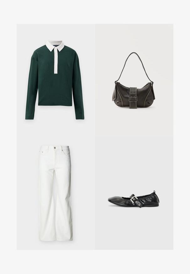 Groene poloshirt met lange mouwen, voorzien van een witte kraag en knopenlijst, gemaakt van gladde katoen met een relaxte pasvorm.; Witte jeans met rechte pijpen en hoge taille, voorzien van een knoopsluiting aan de voorkant, rits, en zij- en achterzakken, tegen een effen lichte achtergrond.; Zwarte leren platte schoen met een spitse neus, geplooide details rond de opening en een zilveren gespaccentueerde verstelbare band.; Zwarte leren schoudertas met gespsluiting aan de riem, afgeronde hoeken en contrasterende witte stiksels op een effen achtergrond.