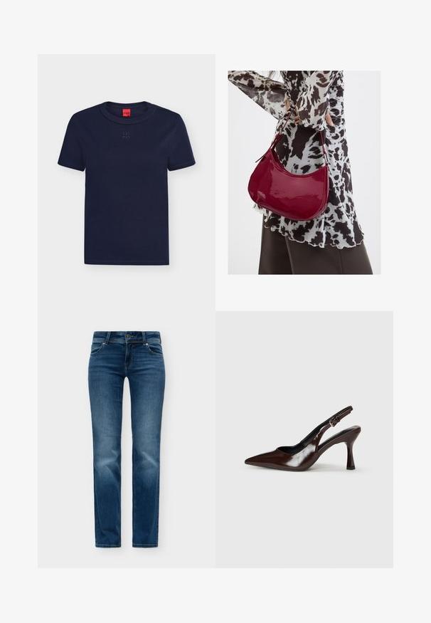 T-shirt bleu marine à manches courtes et col rond avec un logo "HUGO" discrètement embossé sur la poitrine et une étiquette rouge à l'intérieur du col.; Jean en denim bleu avec un design classique à cinq poches, fermeture par bouton et fermeture éclair, et légère décoloration sur les cuisses et les genoux avant.; Talons slingback en cuir verni brun avec un bout pointu, un talon fin, et une sangle réglable avec une petite boucle.; Femme portant un chemisier à motif noir et blanc tenant un sac à main rouge brillant sur un fond uni.