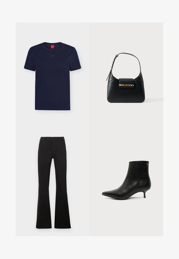 T-shirt bleu marine à manches courtes et col rond avec un logo "HUGO" discrètement embossé sur la poitrine et une étiquette rouge à l'intérieur du col.; Pantalon noir taille haute avec fermeture à bouton et fermeture éclair, poches avant et jambes évasées sur un fond uni.; Bottine en cuir noir avec bout pointu et petit talon kitten sur fond clair, vue côté extérieur.; Sac bandoulière en cuir noir avec sangle réglable et logo DKNY doré sur le rabat avant, sur fond blanc.