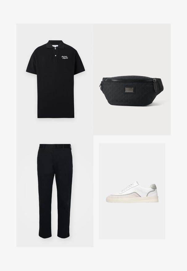 Polo negro de algodón con cuello clásico, mangas cortas y logo bordado "Maison Kitsuné" en blanco en el lado izquierdo del pecho.; Pantalones negros con un diseño de pierna recta, confeccionados en una tela suave. Cuentan con una cinturilla y trabillas para cinturón, sin bolsillos ni patrones visibles.; Zapatilla deportiva blanca de corte bajo con detalles en ante beige, ribete gris, cordones blancos y una suela gruesa de goma color blanco roto, mostrada de perfil sobre un fondo claro.; Riñonera de tela negra con cremallera frontal y pequeña placa metálica con el logo en el centro, mostrada sobre un fondo liso.
