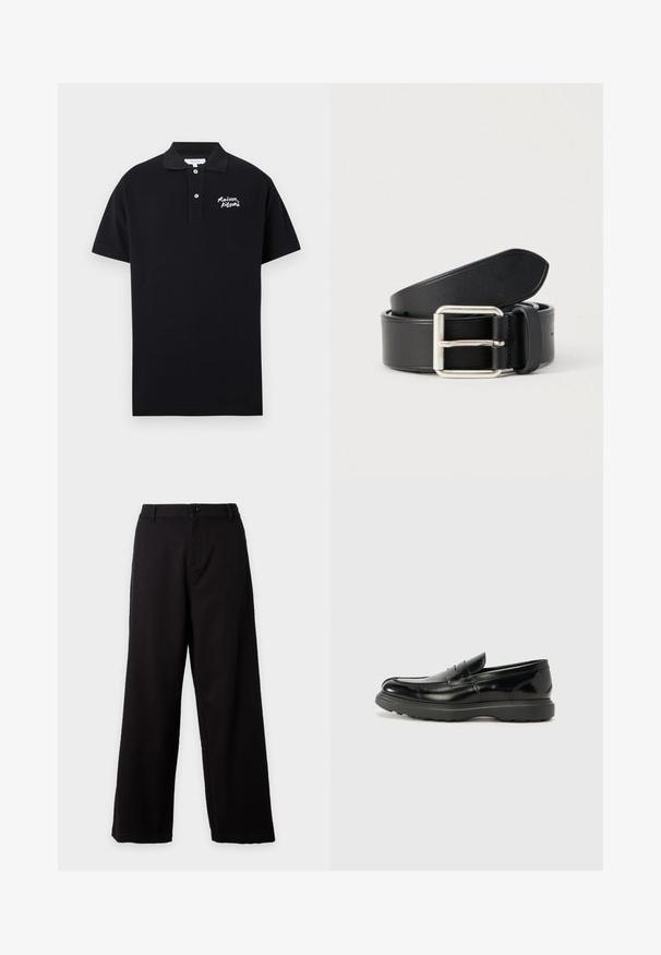 Polo negro de algodón con cuello clásico, mangas cortas y logo bordado "Maison Kitsuné" en blanco en el lado izquierdo del pecho.; Pantalones negros de pierna recta con cierre de botón y cremallera, diseñados para un ajuste relajado y cintura de tiro medio.; Mocasín de cuero negro con un acabado brillante, punta redondeada, detalles de costura sutiles y una suela de goma gruesa para mayor durabilidad.; Cinturón de cuero negro con textura lisa, hebilla metálica plateada y diseño limpio y sencillo. Cuenta con agujeros para ajuste.