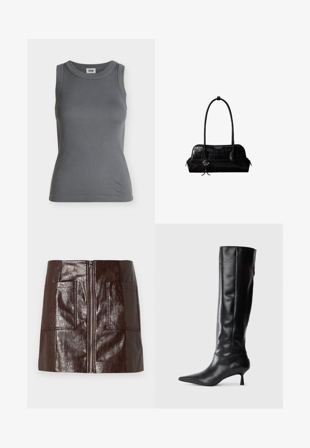 Débardeur côtelé gris foncé sans manches avec un col rond et une étiquette de marque à l'intérieur du col.; Mini-jupe en simili cuir marron avec une fermeture éclair à l'avant, deux grandes poches avant et une texture lisse et brillante.; Botte en cuir noir hautes jusqu'au genou avec un bout pointu et un talon fin et courbé. Texture lisse, design ajusté, sans matériel ni motifs visibles.; Sac à épaule en cuir noir à texture crocodile, avec de longues sangles et un petit charm logo argenté sur une sangle.