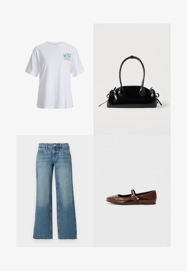 Witte T-shirt met korte mouwen, voorzien van een kleine groene en rode afbeelding met sushirollen en de tekst "SINCE 2020" op de linkerborst.; Lichtblauwe spijkerbroek met een brede pijp, voorzien van een mid-rise taille, voorzakken en subtiele vervaging, met een gladde textuur.; Bruine gepatineerde leren balletschoen met een vierkante neus en een bandje met een kleine gouden gesp. Gladde textuur, lage hak en minimalistisch ontwerp.; Kleine zwarte glanzende handtas met twee lange hengsels en zijkant trekkoord details op een effen lichte achtergrond.