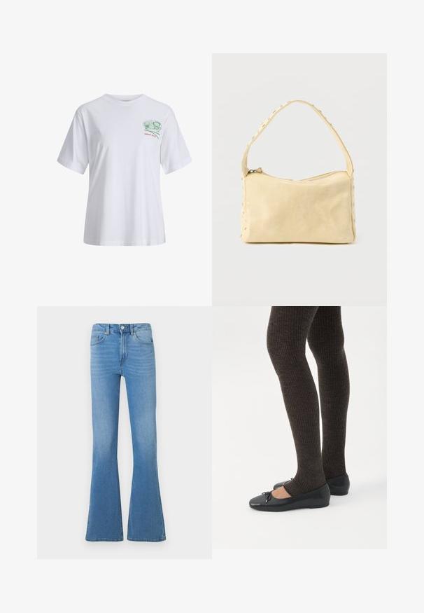 Witte T-shirt met korte mouwen, voorzien van een kleine groene en rode afbeelding met sushirollen en de tekst "SINCE 2020" op de linkerborst.; Lichtblauwe denim flared jeans met een taille van gemiddelde hoogte, voorzien van voorzakken en een knoopsluiting. Soepele textuur en klassieke vijfzakkenontwerp.; Benen met donkere geribbelde leggings gecombineerd met zwarte ballerina's met kleine strikdetails op een witte achtergrond.; Kleine beige leren handtas met een enkele band en zilveren studs langs de randen en band, tegen een effen achtergrond.