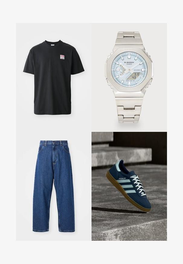 Sort bomuld t-shirt med rund hals, korte ærmer og et lille farvet mærke på venstre bryst med ordet "SUPERIOR."; Denimwide-leg jeans i mørkeblå. Har høj talje, bæltestropper og klassisk fem-lommers design. Syet kant med en ren finish.; Blå Adidas Spezial sneaker med hvide striber og snørebånd, gummisål, svævende over en ru betongoverflade og trin i baggrunden.; Casio G-Shock ur med sølv rustfrit stålrem, lys blå urskive, digital skærm og sølv detaljer. Vandtæt op til 20 bar.