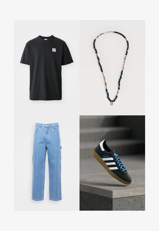Sort bomuld t-shirt med rund hals, korte ærmer og et lille farvet mærke på venstre bryst med ordet "SUPERIOR."; Lyseblå denim cargo bukser med lige ben, forlommer og sidelommer. Stofstrukturen er glat med en let falmet overflade.; Sort Adidas sneaker med hvide striber, blå snørebånd og gummisål, der svæver over gråt betontrin i blødt lys.; Halskæde med vekslende sorte og flerfarvede perler, med små sølvringe og en rektangulær klar perlevedhæng.