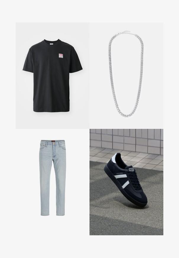 Schwarzes Baumwoll-T-Shirt mit Rundhalsausschnitt, kurzen Ärmeln und einem kleinen farbigen Etikett auf der linken Brust, das das Wort "SUPERIOR" zeigt.; Helle blaue Jeans aus Denim mit geradem Schnitt, Fünf-Taschen-Design, Knopfverschluss und leicht verwaschenem Muster.; Schwarze Leder-Sneaker mit weißen Streifen, strukturiertem Gummisohle und Schnürung. Verfügt über ein Markenetikett auf der Zunge.; Kette aus silbernem Metall mit ineinandergreifenden Gliedern, einer glatten Textur und einem verstellbaren Verschluss zur Anpassung der Länge.