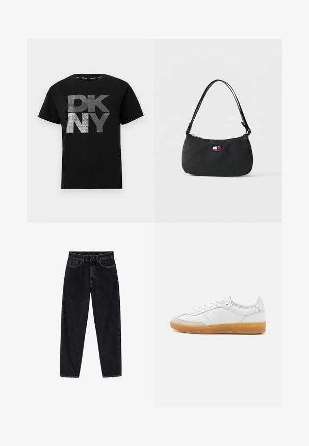 Zwarte katoenen t-shirt met grote zilveren glitters met de tekst "DK NY" op de voorkant. Klassieke ronde hals en korte mouwen. Soepele textuur.; Zwarte jeans met hoge taille en rechte pijpen, voorzien van knopen aan de voorkant, rits, riemlussen en vijf zakken, afgebeeld tegen een witte achtergrond.; Witte leren sneaker met beige suède accenten, gumrubberen zool en vetersluiting. Heeft subtiele branding in goud.; Zwarte Tommy Jeans schoudertas met enkele riem en klein rechthoekig logoplaatje middenvoor.