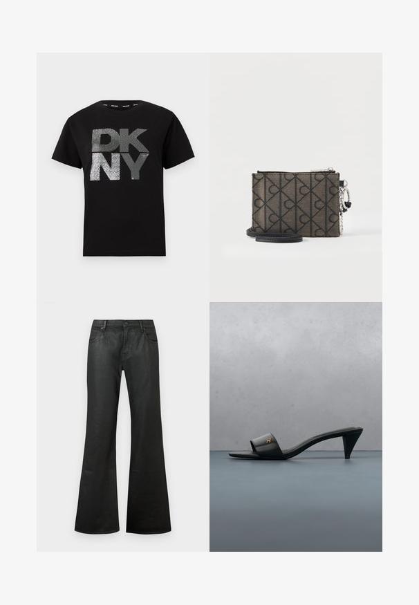 Zwarte katoenen t-shirt met grote zilveren glitters met de tekst "DK NY" op de voorkant. Klassieke ronde hals en korte mouwen. Soepele textuur.; Zwarte flare jeans van denim met een soepele textuur, standaard taille, vijf zakken en een knoopsluiting.; Zwarte leren open-teen sandaal met hak en een gouden logo op het bandje, zwevend boven een betegeld buitenoppervlak met groen op de achtergrond.; Kleine rechthoekige bruin-zwart patroon polstasje met ritssluiting en zilveren sleutelhanger bevestigd.