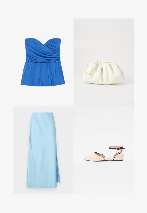 Blå strampefri peplum top lavet af glat stof, med en sweetheart-udskæring og samlet detaljering ved brystet og taljen.; Lyseblå midi nederdel med glat tekstur, der har et lille sideslids og elastik i taljen for komfort og nem wearing.; Flad ballerina i lys beige med spids tå, der har et buet udsnit og en sort ankelstrop. Glat overflade og minimalistisk stil.; Hvid læderhåndtaske med en samlede design, forsynet med en guldkæde-strop og en rund form. Glat tekstur med bløde folder og ingen mønstre.