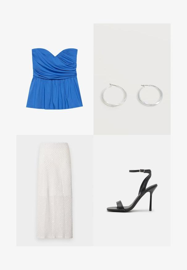 Μπλε strapless peplum τοπ από λείο ύφασμα, με ντεκολτέ σε σχήμα καρδιάς και μαζεμένες λεπτομέρειες στο στήθος και τη μέση.; Λευκή μακριά φούστα με διακριτικό μοτίβο διαμαντιών και μικρές, διάσπαρτες παγιέτες, εμφανιζόμενη σε απλό γκρι φόντο.; Μαύρο σανδάλι με ψηλό τακούνι, λεπτό λουρί στον αστράγαλο και δύο μπροστινές λωρίδες. Κατασκευασμένο από λείο δέρμα με κομψή μυτερή μύτη και στιλέτο τακούνι.; Ασημένια μεταλλικά σκουλαρίκια κρίκοι με λεία, ελαφρώς κυρτή επιφάνεια και κλειδαριά τύπου latch-back σε απλό λευκό φόντο.