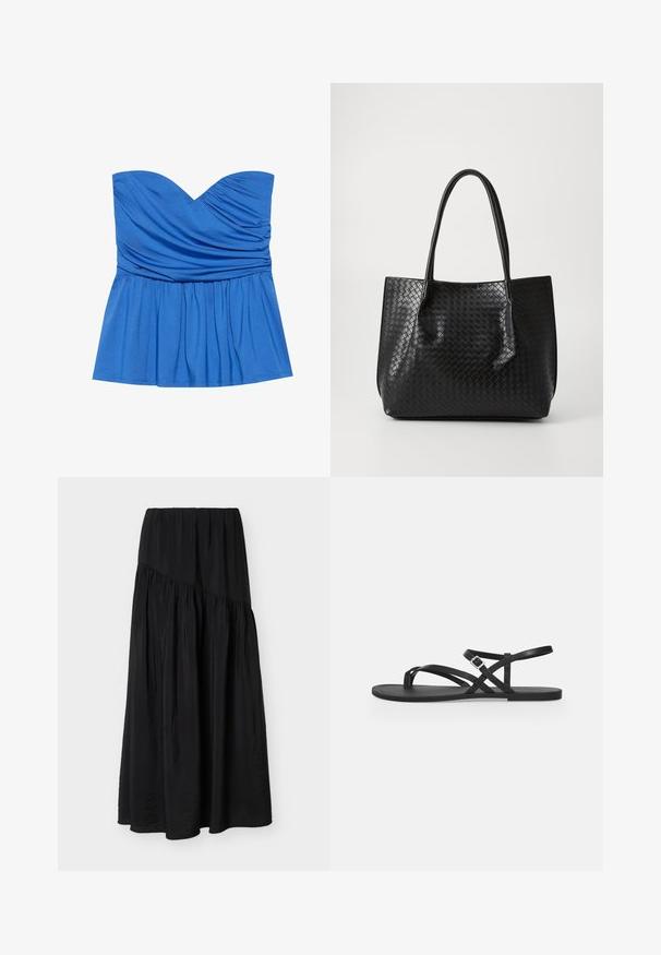 Μπλε strapless peplum τοπ από λείο ύφασμα, με ντεκολτέ σε σχήμα καρδιάς και μαζεμένες λεπτομέρειες στο στήθος και τη μέση.; Μαύρη φούστα μήκους μέχρι τον αστράγαλο με συλλεγμένο ύφασμα και διαγώνια ραφή μπροστά.; Μαύρο επίπεδο σανδάλι με λεπτά λουράκια, θηλιά για τα δάχτυλα και ρυθμιζόμενο λουρί με αγκράφα στον αστράγαλο, σε απλό ανοιχτογκρι φόντο.; Μαύρη υφασμάτινη δερμάτινη τσάντα tote με δύο χερούλια, δομημένο σχήμα και λεπτή γυαλιστερή εμφάνιση σε απλό ανοιχτό φόντο.