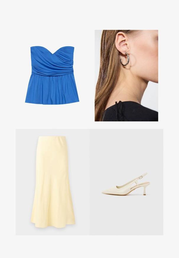 Blauwe straploze peplumtop van gladde stof, met een sweetheart-halslijn en geplooide details bij de buste en taille.; Lange, bleekgele rok met een lichte uitlopende zoom, met een gladde textuur en een elastische tailleband.; Beige slingback hakken van soepel leer. Heeft een spitse neus, een uitsnijdingsontwerp en een lage cilindrische hak voor stabiliteit.; Zilveren oorbel met een gepolijste afwerking, met kleine gouden accentdetails en een ronde vorm, gedragen op de oorlel.