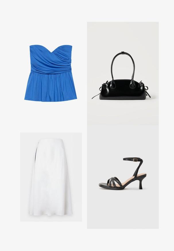 Μπλε strapless peplum τοπ από λείο ύφασμα, με ντεκολτέ σε σχήμα καρδιάς και μαζεμένες λεπτομέρειες στο στήθος και τη μέση.; Λευκή midi φούστα σε σχήμα Α με ψηλή μέση και διακριτική λεπτομέρεια πλαϊνής σχισμής σε μονόχρωμο φόντο.; Μαύρες τακούνιες σάντες με πολλές λεπτές λωρίδες στην περιοχή των δαχτύλων, μία μόνο λωρίδα στον αστράγαλο με χρυσό κούμπωμα και τετράγωνη μύτη.; Μικρή μαύρη γυαλιστερή τσάντα με δύο μακριές λαβές και λεπτομέρειες με ρυθμιζόμενο κορδόνι στο πλάι σε απλό ανοιχτό φόντο.