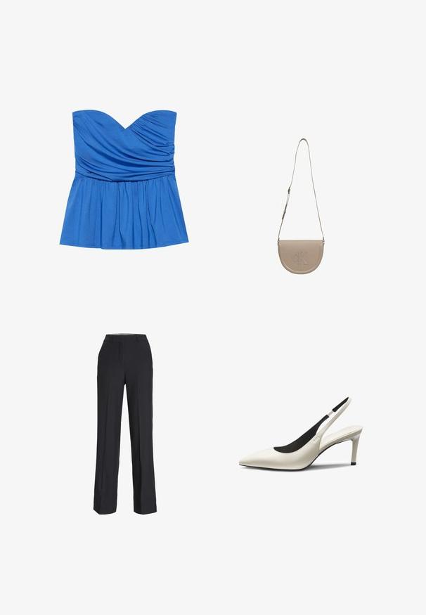 Blå strampefri peplum top lavet af glat stof, med en sweetheart-udskæring og samlet detaljering ved brystet og taljen.; Sorte, højtaljede bukser med straight-leg pasform. Lavet af et glat stof, med frontfolder og sidelommer.; Hvid læder høje hæle slingback sko med spids tå, tynd stilet hæl og sort indvendig foring.; Beige læder crossover-taske med en buet form, med en forhøjet "CK"-logo, justerbar rem og glat tekstur.