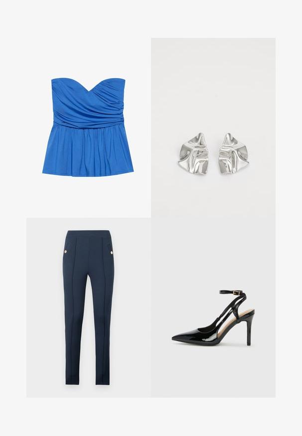 Blauwe straploze peplumtop van gladde stof, met een sweetheart-halslijn en geplooide details bij de buste en taille.; Donkerblauwe slim-fit broek met gestikte voornaden en schuine zijzakken, elk voorzien van een enkele ronde gouden knoop.; Zwarte lakleren hoge hak slingback schoenen met spitse neus, verstelbare enkelband en open zijkanten. Gladde textuur.; Zilveren metalen oorbellen met een golvend, sculpturaal ontwerp, voorzien van een gepolijste afwerking en onregelmatige vormen, die een hedendaagse esthetiek benadrukken.