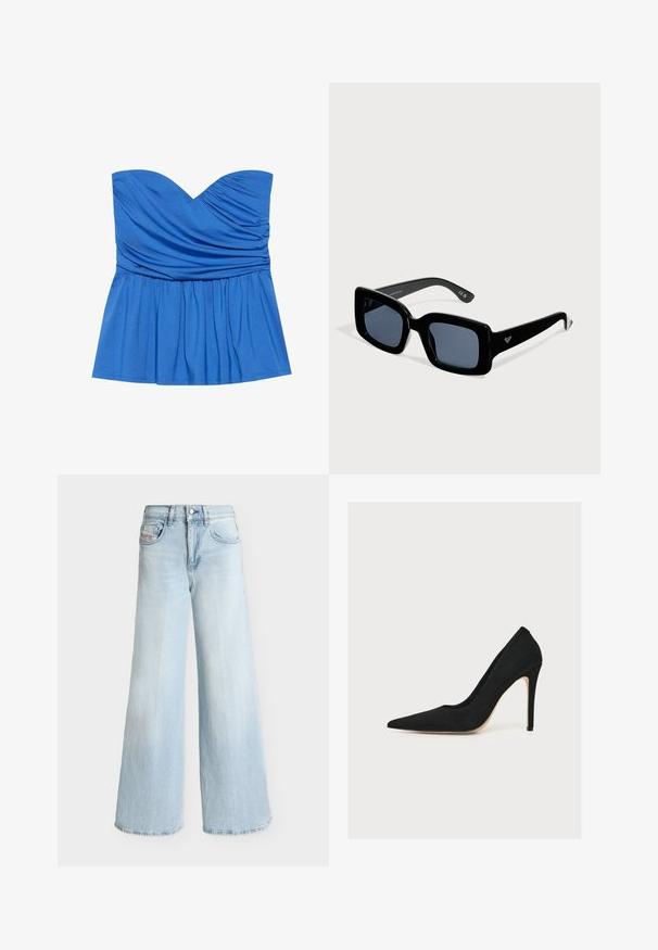 Blå strampefri peplum top lavet af glat stof, med en sweetheart-udskæring og samlet detaljering ved brystet og taljen.; Lyseblå jeans med høj talje og vide ben, med frontknap, lynlås og fem-lomme design.; Sort spids stilet med tynd hæl, fotograferet fra siden på hvid baggrund.; Sorte solbriller med firkantet stel, mørke linser og en lille logo på stangen, vist på en ensartet lys baggrund.