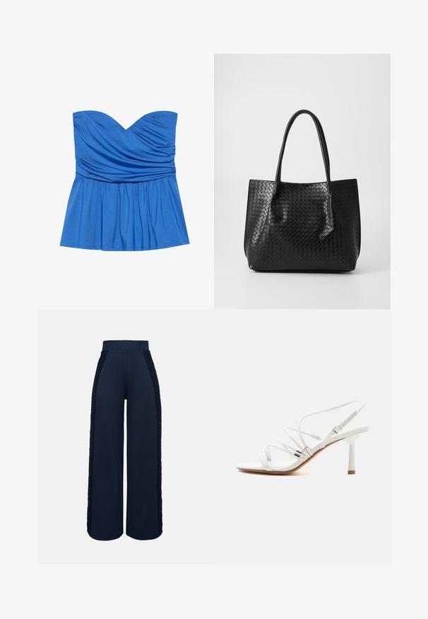 Blauwe straploze peplumtop van gladde stof, met een sweetheart-halslijn en geplooide details bij de buste en taille.; Marineblauwe wijde broek met hoge tailleband en kanten inzetstukken die aan de buitenkant van beide pijpen lopen.; Witte sandaal met hoge hak en dunne bandjes, zilveren accenten, een vierkante neus en een smalle middenhoge hak op een effen witte achtergrond.; Zwarte geweven lederen totebag met twee handvaten, gestructureerde vorm en subtiele glanzende afwerking, tegen een eenvoudige lichte achtergrond.