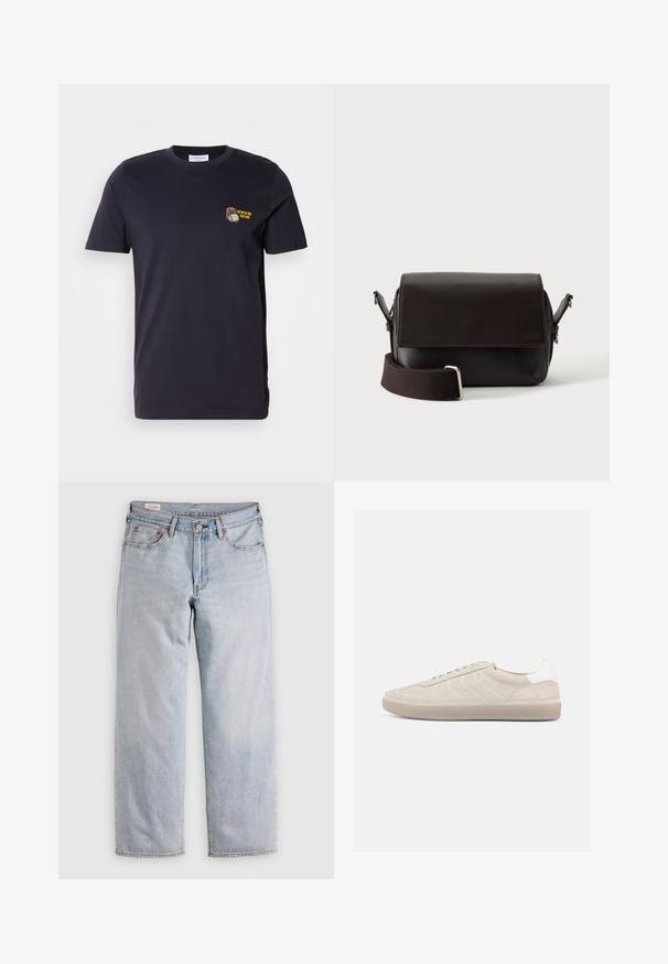 Dunkelblaues Baumwoll-T-Shirt mit kurzen Ärmeln und Rundhalsausschnitt. Verfügt über ein kleines gesticktes Design mit Text im linken Brustbereich.; Helle blaue gerade geschnittene Jeans mit hoher Taille, Knopfverschluss sowie Vorder- und Hintertaschen, auf einer flachen Oberfläche präsentiert.; Beiger Wildleder-Sneaker mit strukturiertem Obermaterial, glattem weißen Fersenbereich, dünnen Schnürsenkeln und Gummisohle. Verfügt über ein flaches Design.; Dunkelbraune Leder-Umhängetasche mit Klappenverschluss und verstellbarem Stoffriemen auf weißem Hintergrund.