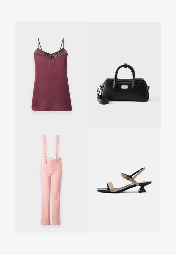 Camisole en satin bourgogne avec des bretelles fines ajustables et un décolleté en V orné de sequins. Texture lisse, avec une coupe ample.; Pantalons roses à larges jambes avec bretelles ajustables ; les sangles des bretelles sont ornées de texte brodé ; fabriqués en tissu lisse.; Sandale beige et noire pour femme à talon bas, bout carré, bride à la cheville et boucle dorée sur fond blanc.; Sac à main rectangulaire en cuir noir avec deux poignées, bandoulière amovible et petite plaque logo de la marque en argent sur le devant.