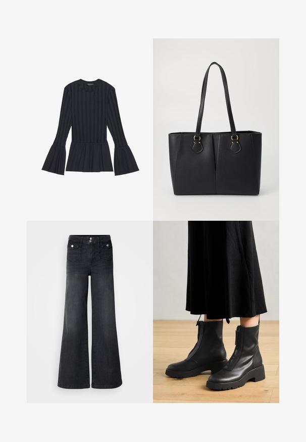 Sort langærmet top med lodrette striber og udvidede ærmer. Har en peplum-silhuet og blødt tekstureret stof.; Sorte denim brede ben jeans med høj talje, forknapper og to forlommer; glat tekstur med en let falmet finish.; Sorte læder ankelstøvler med en kraftig platformsål og en frontlynlås. Glat tekstur med et minimalistisk design.; Sort faux læder tote taske med en tekstureret finish, to lange håndtag og hardware i guld tone-accenter på siden. Rektangulær form.
