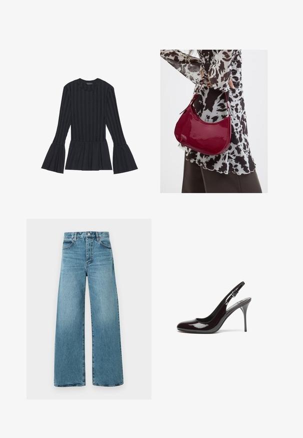 Sort langærmet top med lodrette striber og udvidede ærmer. Har en peplum-silhuet og blødt tekstureret stof.; Højtaljede lyseblå denimjeans med vide ben, lukkes med knapper foran og har det traditionelle fem-lomme design på en ensfarvet baggrund.; Bordeaux patentlæder slingback hæle med en afrundet tå, en smal høj hæl og et justerbart rem. Glat tekstur med blank finish.; Kvinde iført en sort- og hvidmønstret bluse, der holder en blank rød skuldertaske mod en ensfarvet baggrund.