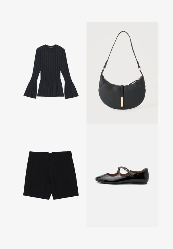 Top negro de manga larga con rayas verticales y mangas acampanadas. Presenta una silueta peplum y una tela suave y texturizada.; Pantalones cortos negros de tejido suave, con bolsillos laterales, un ajuste entallado y pliegues estructurados en la parte frontal para una silueta limpia.; Zapato plano Mary Jane de charol negro con dos recortes y una correa con hebilla dorada sobre fondo blanco.; Bolso negro en forma de media luna con una sola correa, cremallera dorada y una lengüeta decorativa rectangular dorada en la parte delantera.