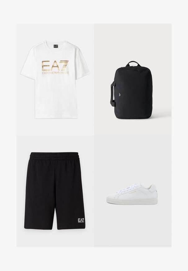 Weißes Baumwoll-T-Shirt mit einem großen goldenen metallischen "EA7"-Logo und dem Text "EMPORIO ARMANI" darunter, mit kurzen Ärmeln und rundem Halsausschnitt.; Schwarze Sportshorts aus weichem Stoff, mit einem elastischen Bund und einem kleinen weißen Logo auf der unteren rechten Seite.; Weiße Leder-Sneaker mit niedrigem Schnitt, runder Zehenpartie, flachen Schnürsenkeln, strukturierter Sohle und dezentem goldfarbenem Markenlogo an der Seite. Glatte Oberfläche und minimalistisches Design.; Schwarze rechteckige Reisetasche mit oberen und seitlichen Griffen, minimalistischem Design und kleinem Logo vorne vor hellem, einfarbigem Hintergrund.