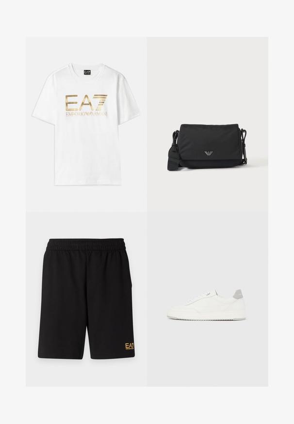 Biela bavlnená tričko s veľkým zlatým metalickým logom "EA7" a textom "EMPORIO ARMANI" pod ním, s krátkymi rukávmi a okrúhlym výstrihom.; Čierne športové šortky vyrobené z jemného materiálu, s elastickým pásom a malým žltým logom EA7 na dolnej ľavej nohe.; Biela nízka teniska so sivým pätovým pásikom, bielymi šnúrkami a členitou podrážkou, zobrazená na jednoduchom svetlom pozadí.; Čierna crossbody taška s nastaviteľným popruhom a malým strieborným logom na prednej klape, zobrazená na jednoduchom svetlom pozadí.