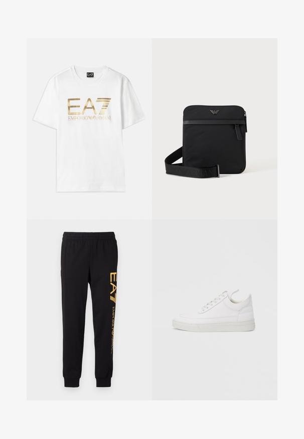 Hvid bomulds t-shirt med et stort guldmetallic "EA7" logo og teksten "EMPORIO ARMANI" nedenunder, med korte ærmer og rund hals.; Sorte sweatpants lavet af blødt stof, med elastisk talje og afsluttede ankler. Gul branding trykt lodret på venstre ben.; Hvid lædersneaker med rundet tå, flad sål og snørebånd foran. Har syningsdetaljer og polstret krave for komfort.; Sort firkantet skuldertaske med lynlås, frontlomme og justerbar rem med præget brandnavn.