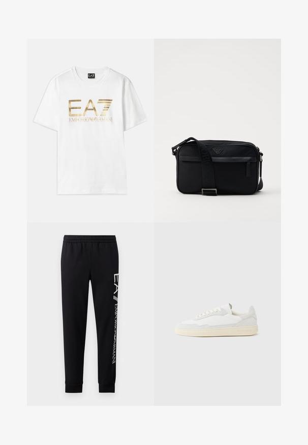 Biela bavlnená tričko s veľkým zlatým metalickým logom "EA7" a textom "EMPORIO ARMANI" pod ním, s krátkymi rukávmi a okrúhlym výstrihom.; Čierne tepláky vyrobené z bavlnenej zmesi, s elastickým pásom, zúženými nohavicami, ribovanými manžetami a bielym logom na boku.; Biela teniska s jemne štruktúrovaným zvrškom zo semišu a kože. Má zaoblenú špičku, viazanie na šnúrky a kontrastnú béžovú gumovú podrážku.; Čierna nylonová taška cez rameno so kontrastným popruhom, štýlovým obdĺžnikovým tvarom, detailom loga a zipsovou kapsou na prednej strane.