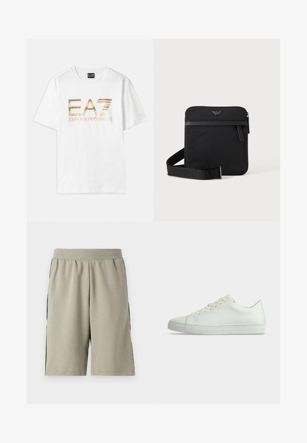 Hvid bomulds t-shirt med et stort guldmetallic "EA7" logo og teksten "EMPORIO ARMANI" nedenunder, med korte ærmer og rund hals.; Lys grå, knælange shorts lavet af blødt stof, med en sort stribe langs hver side og en elastisk talje for komfort.; Hvid lavtop sneakers med snørebånd, glat læderoverdel og flad gummisål vist fra siden på en ensfarvet baggrund.; Sort firkantet skuldertaske med lynlås, frontlomme og justerbar rem med præget brandnavn.