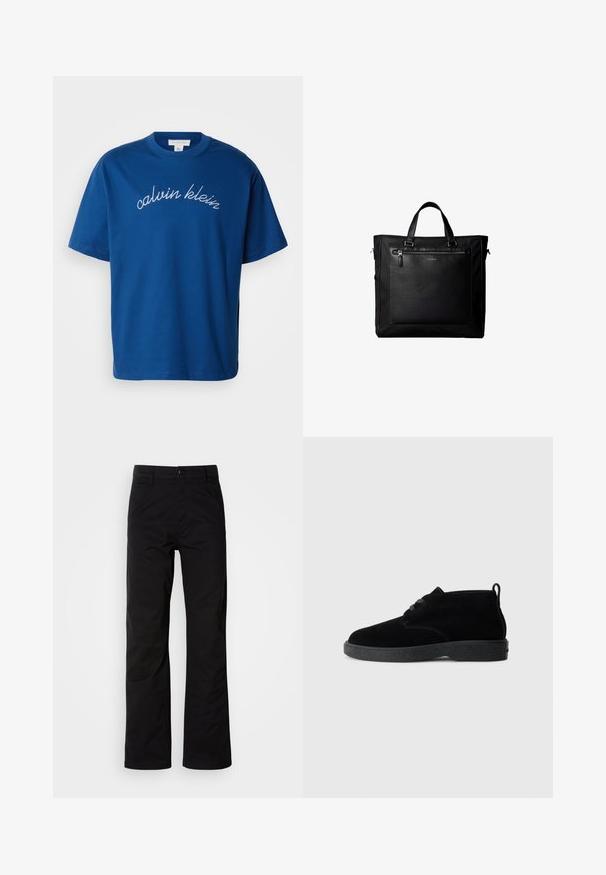 Blå bomulds t-shirt med rund hals og korte ærmer, med "calvin klein" elegant broderet i hvid kursiv over brystet.; Sort bomuldsbukser med lige ben, der har knaplukning og bæltestropper. Glat tekstur og minimalistisk stil uden synlige mønstre.; Sorte ruskindsankelstøvler med rund tå, snørebåndsdesign, sort gummisål og en sløjfe bag på for nem påtagning.; Sort taske med dobbelte håndtag, stor læderlomme foran med lynlås og diskret Calvin Klein-logo midt på lommen.
