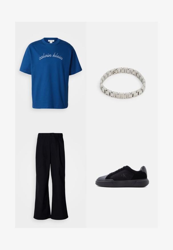 Blå bomulds t-shirt med rund hals og korte ærmer, med "calvin klein" elegant broderet i hvid kursiv over brystet.; Sorte bredbenede bukser lavet af bomuld med en frontfold, der har knaplukning og bæltestropper, glat tekstur og ingen synlige mønstre.; Sort lav sko med tyk sål, snørebånd foran og diskret "cK"-logo på sidespanden.; Sølvmetalarmbånd med rektangulære led, en poleret overflade og små cirkulære accenter, designet til at sidde tæt omkring håndleddet.