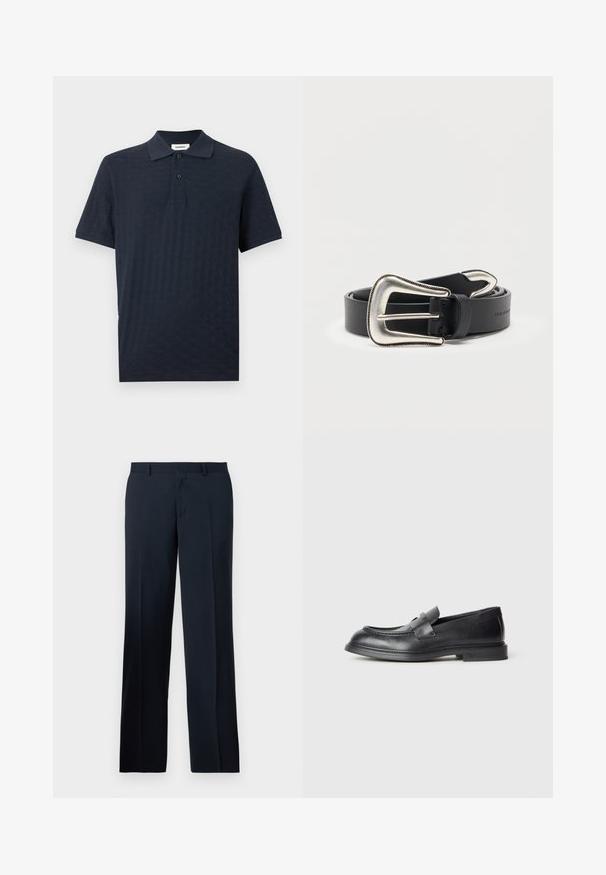 Polo bleu marine à manches courtes avec un motif texturé subtil, patte à deux boutons et col classique.; Pantalon de costume noir à jambes droites avec passants pour ceinture et fermeture éclair à l'avant, présenté sur un fond blanc uni.; Mocassins en cuir noir avec une finition texturée, dotés d'une bride décorative à l'avant et d'un bout arrondi. Semelle en caoutchouc pour plus de durabilité.; Ceinture en cuir noir avec une grande boucle de style western argentée et une pointe de ceinture argentée assortie, enroulée sur un fond blanc.