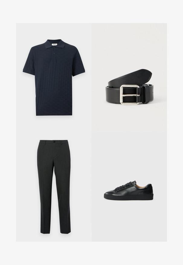 Polo bleu marine à manches courtes avec un motif texturé subtil, patte à deux boutons et col classique.; Pantalons gris foncé sur mesure, fabriqués en tissu lisse, avec une coupe droite, des poches avant et une fermeture à un bouton.; Baskets en cuir noir avec une texture lisse, bout rond et fermeture à lacets. Comprend une semelle en caoutchouc épaisse et un minimum de détails de marque.; Ceinture en cuir noir à texture lisse, boucle en métal argenté, et design épuré et simple. Comprend des trous pour un ajustement réglable.