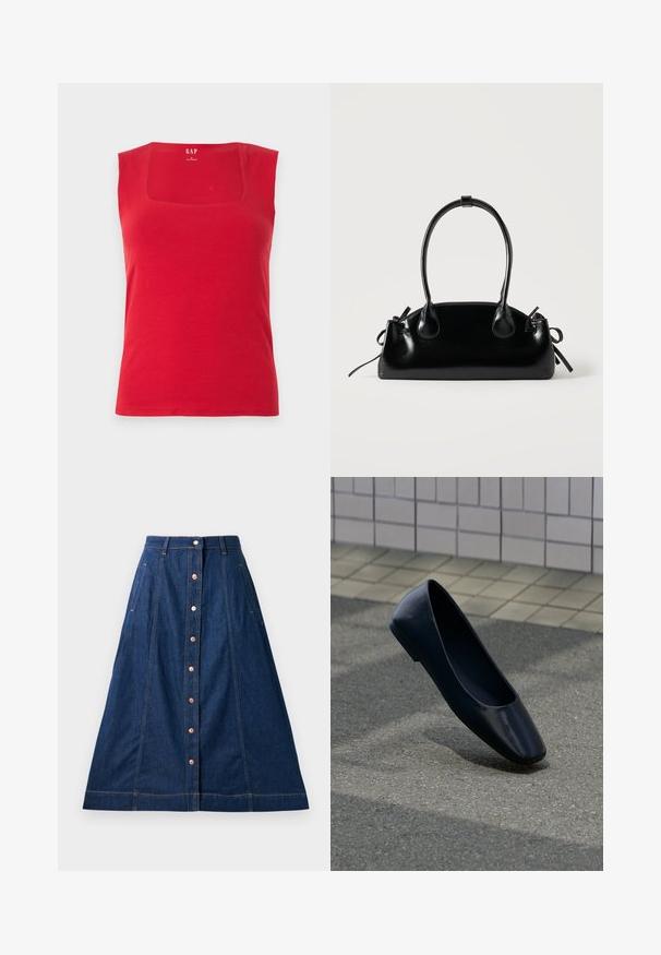 Débardeur rouge en coton avec un décolleté carrée et des bretelles larges. Texture lisse, coupe ajustée et logo de la marque imprimé à l'intérieur.; Jupe A-line en denim bleu foncé avec une fermeture à boutons à l'avant, dotée de poches, de coutures contrastantes et d'une longueur jusqu'au mollet.; Chaussure plate en cuir noir debout sur une surface asphaltée près du bord d'un trottoir carrelé.; Petit sac à main noir brillant avec deux longues anses et des détails à cordon sur les côtés sur un fond clair uni.