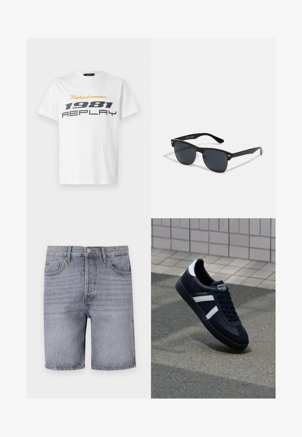 Replay SHORT SLEEVE GRAPHIC - Camiseta estampada - natural white; Shorts de mezclilla en gris claro con un corte clásico, que cuentan con cinco bolsillos, cierre de botón y una textura ligeramente desgastada.; Zapatilla de cuero negra con rayas blancas, suela de goma texturizada y parte frontal con cordones. Cuenta con una etiqueta de marca en la lengüeta.; Gafas de sol negras con forma rectangular, lentes oscuros, detalles plateados en las patillas y un acabado mate en la montura.