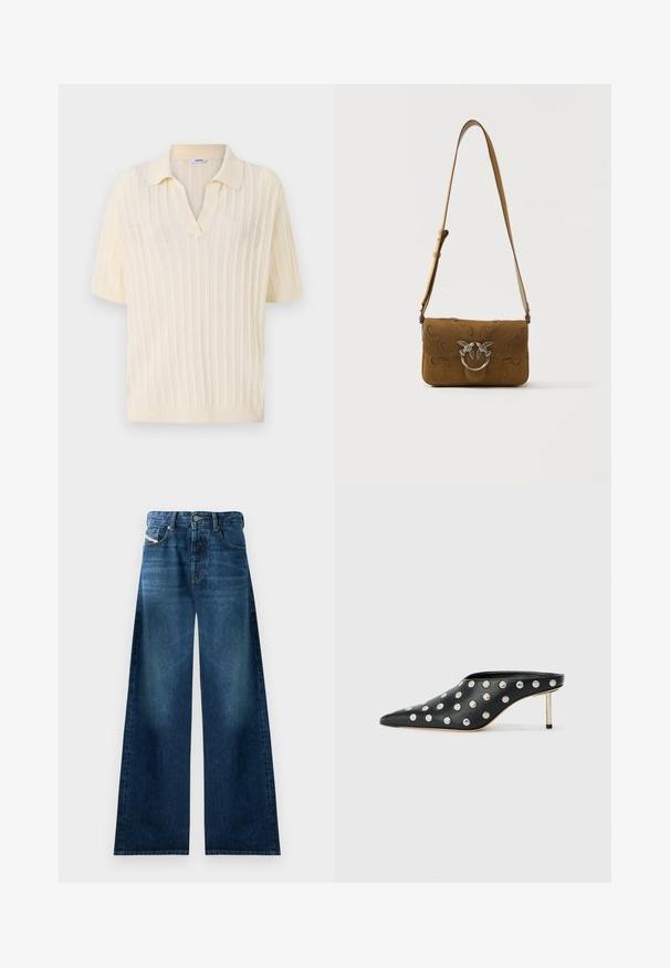 Cremefarvet kortærmet polo med V-hals, med ribbet tekstur, åbenstrik design og solid krave.; Bredde denimjeans i mørk vask. Har traditionelt fem-lomme design, knappelukning og let falmning på lårerne.; STAND STUDIO KELSEY - Mules med hæl - black; Brun skuldertaske i ruskind med fugleformet sølvspænde og dekorative syninger, justerbar rem, rektangulær form på ensfarvet baggrund.