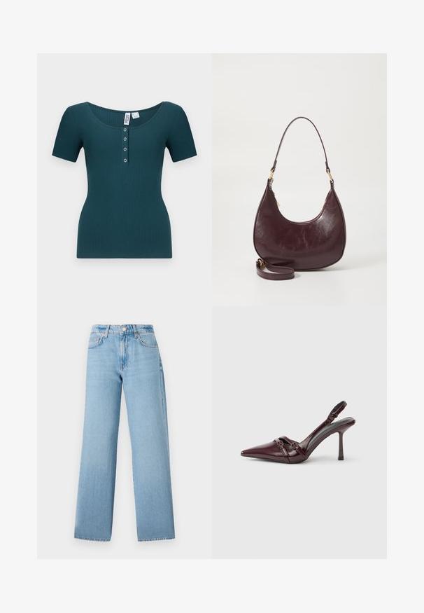 Türkise gerippte Kurzarmbluse mit Rundhalsausschnitt und sechs Knöpfen. Sie hat eine figurnahe Silhouette und einen strukturierten Stoff.; Helle blaue weit geschnittene Jeans aus Denim, mit hoher Taille, fünf Taschen und einem Knopfverschluss mit Reißverschluss.; Bordeauxroter Slingback-Pumps aus Lackleder mit spitz zulaufender Vorderkappe, dünnem Knöchelriemen und kleiner dekorativer Schnalle. Glatte Textur und hoher Absatz.; Burgunderfarbene Leder-Schultertasche mit geschwungener Form, Reißverschluss und abnehmbarem Tragegurt. Sie hat eine glatte Textur und goldene Hardware-Details.