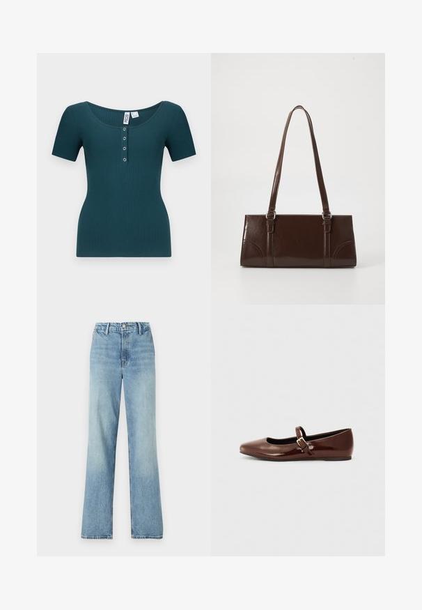 Türkise gerippte Kurzarmbluse mit Rundhalsausschnitt und sechs Knöpfen. Sie hat eine figurnahe Silhouette und einen strukturierten Stoff.; Good American GOOD CARPENTER - Wide Leg - indigo; Braune Lackleder-Ballerinas mit quadratischer Zehenform und Riemen mit einer kleinen goldenen Schnalle. Glatte Textur, niedriger Absatz und minimalistisches Design.; Braune Lackleder-Handtasche in rechteckiger Form, mit zwei langen Griffen und subtilen, geschwungenen Akzenten auf der Vorderseite.