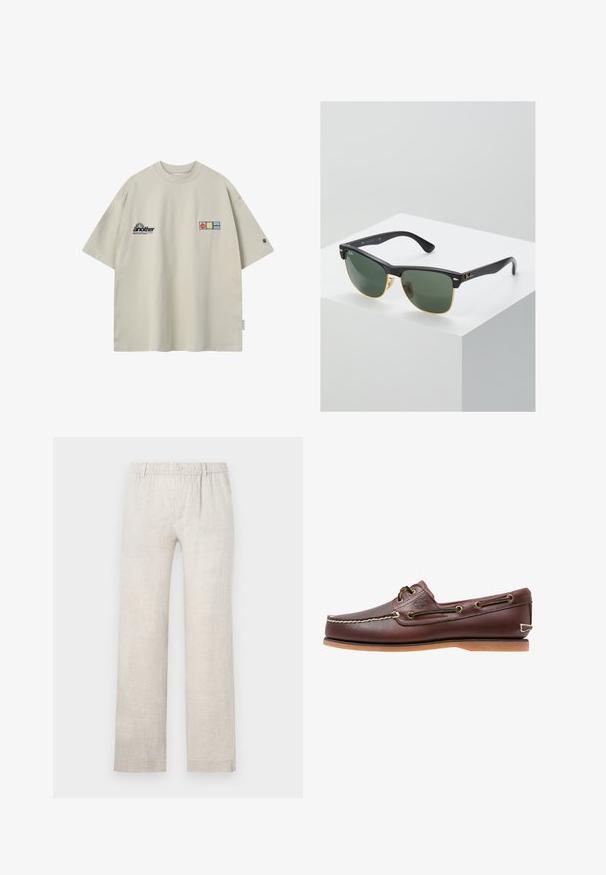 T-shirt oversize beige à manches courtes, avec le texte « another » et trois petits patchs colorés sur le devant.; Pantalon en lin beige clair avec une coupe droite, une taille élastique et une fermeture à bouton. Texture minimale avec des détails de couture subtils.; Chaussure bateau en cuir marron avec coutures blanches, détails de lacets et semelle en caoutchouc beige, vue de côté sur fond blanc.; Lunettes de soleil Ray-Ban avec des verres verts, monture en plastique noir et accents dorés sur les bords. Forme carrée avec une finition mate.