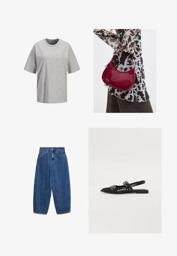 Lichtgrijs T-shirt met korte mouwen en ronde hals, met een klein wit "JJXX STUDIO"-logo centraal op de borst.; Blauwe denim jeans met een hoge taille, een ontspannen pasvorm en rechte pijpen. Klassiek ontwerp met vijf zakken en een ritssluiting met knoop.; Even&Odd Slingback ballerina´s - black; Vrouw met een zwart-wit gebloemde blouse houdt een glanzende rode schoudertas vast tegen een effen achtergrond.
