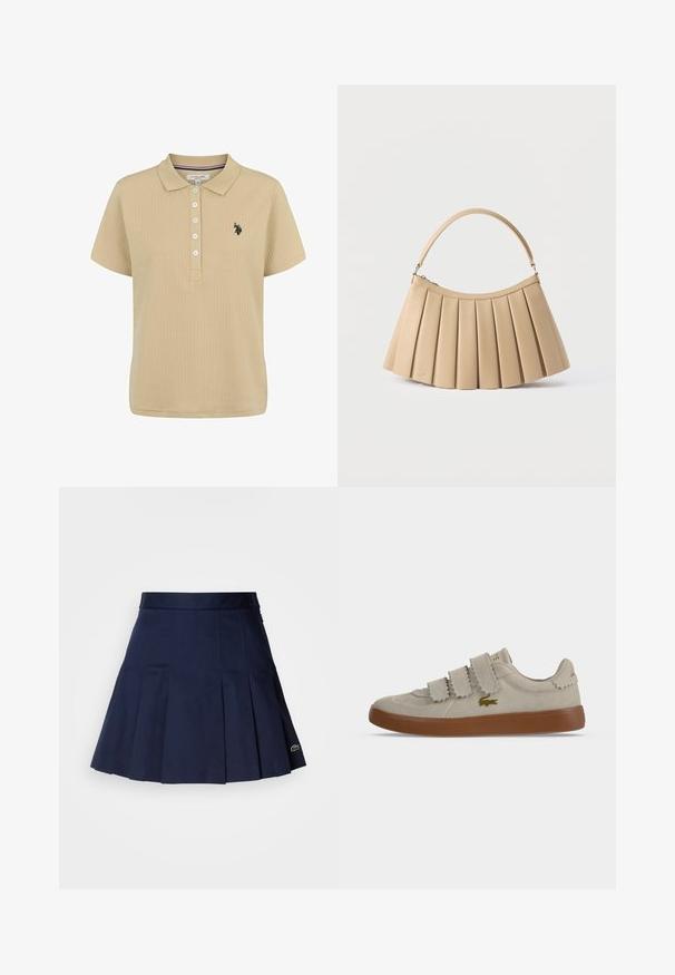 Polo beige à rayures, à manches courtes, avec un plastron à cinq boutons et un logo brodé en noir sur la poitrine gauche. Texture de tissu douce.; Jupe plissée bleu marine avec une taille ajustée, fabriquée à partir d'un tissu lisse. Présente un petit logo Lacoste sur l'ourlet.; Baskets en daim beige avec trois bandes velcro, semelle en caoutchouc marron et petit logo crocodile vert sur le côté.; Sac à main plissé beige avec fermeture éclair incurvée en haut et poignée arquée simple, présenté sur un fond blanc.