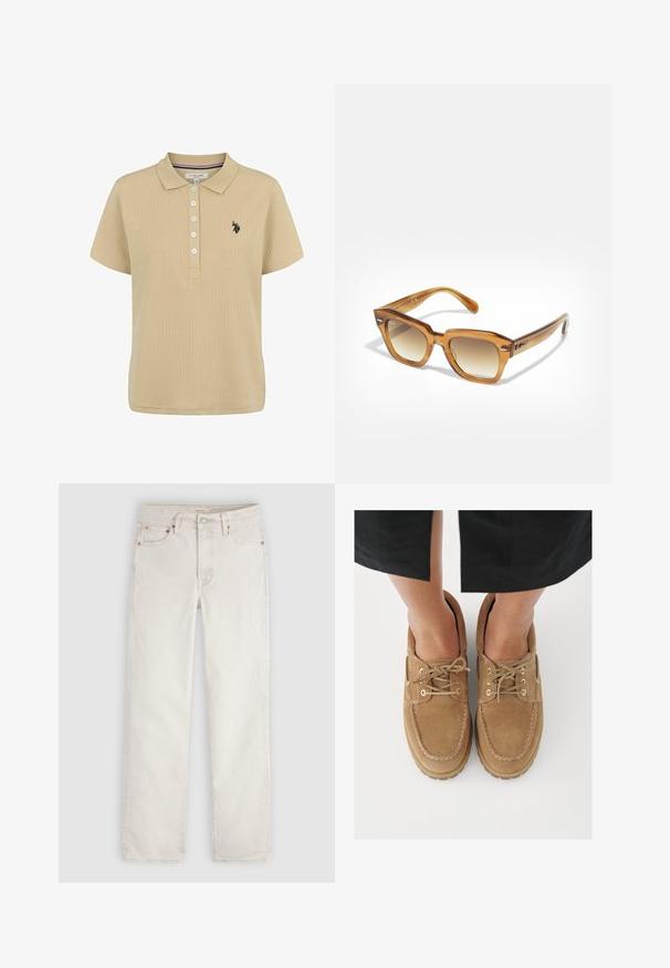 Polo beige à rayures, à manches courtes, avec un plastron à cinq boutons et un logo brodé en noir sur la poitrine gauche. Texture de tissu douce.; Jean droit en denim couleur écru, avec bouton devant, passants de ceinture et cinq poches, posé à plat sur un fond clair.; Chaussures en daim marron à bout rond, avec des lacets texturés et des œillets dorés, sur un fond clair.; Lunettes de soleil rectangulaires teintées ambre avec des verres dégradés, monture épaisse et texture lisse. Présentent un branding subtil sur le côté.